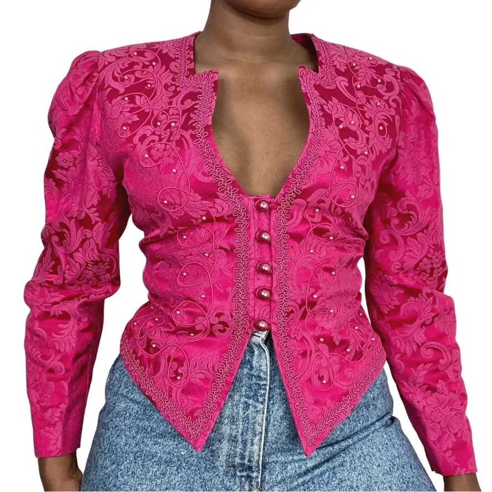 Vintage Fuchsia Embroidered Button-Front Long Sleeve Dress